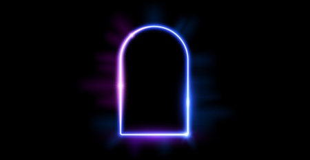 Glowing neon curved frame. Blue purple shining arch border. Neon light portal door concept. Rectangular arc border with flares. Morden design element for poster, banner, game, interface. Vectorのイラスト素材