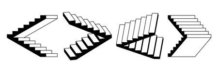 Impossible linear stairway set. Surreal 3d staircase. Black and white stair steps collection. Graphic design illusion element pack concept for poster, banner, flyer, brochure, leaflet. Vector bundleのイラスト素材