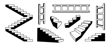 Linear stairs and ladders set. Black white surreal geometric element collection. 3d perspective steps and staircases bundle. Architecture outline shapes for collage, poster, banner. Vector art packのイラスト素材