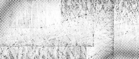 Halftone grunge punk texture. Distorted rough dirty scratches and splashes background. Dotted glitch wallpaper for brochure, banner, poster, flyer, print, overlay. Distress scuffed vector backdropのイラスト素材