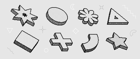 Bitmap textured shape set. Dither halftone objects collection. Black 3d flower, star, cross, arch, triangle elements for banner, poster, leaflet. Abstract pixelated raster effect bundle. Vector packのイラスト素材