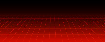 Red glowing neon wireframe background. Shining checkered horizontal grid planes in perspective. Retro futuristic depth wallpaper. Arcade game sci fi matrix surface backdrop for poster, banner. Vectorのイラスト素材