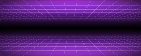 Glowing neon wireframe background. Purple checkered grid planes in perspective. Bright retro futuristic horizon wallpaper. Arcade game sci fi matrix surface. Vector backdrop for poster, bannerのイラスト素材