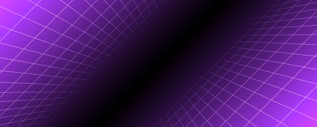 Purple glowing neon wireframe background. Shining checkered diagonal grid planes in depth. Retro...