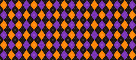 Orange, purple and black seamless argyle pattern. Halloween rhombus repeated texture background. Stitched diamond forms for textile design, fabric print, wrapping paper, clothes. Vector wallpaperのイラスト素材