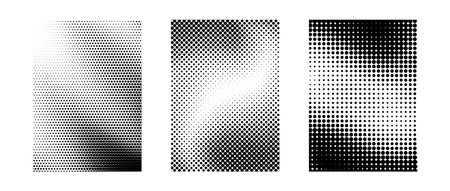 Grunge halftone gradient background set. Different black grit sand noise texture collection. Retro dotted pixelated raster backdrop pack. Comic polka dot overlay for banner, poster, print. Vectorのイラスト素材