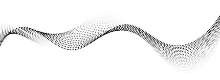 Dotted wavy line background. Black halftone undulate pattern. Abstract particle flow wave wallpaper. Curved dashed gradient net element for poser, banner design, presentation, booklet, flyer. Vectorのイラスト素材