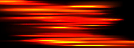 Neon glowing horizontal streaks background. Bright red speed light effect. Magic trail flare line texture. Luminous laser beams and rays wallpaper design. Sparkling hot orange stripe backdrop. Vectorのイラスト素材