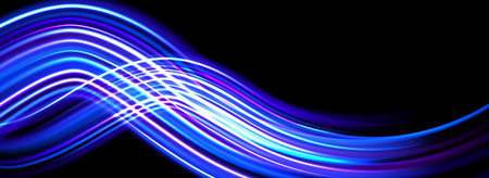 Glowing neon light trail background. Iridescent blue swoosh speed lines. Magic luminous curved path...