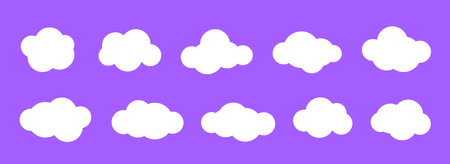 Comic clouds collection. Cartoon cloud shapes set for icon, poster, banner, label, badge, tag, logo, decoration. White speech bubble on purple background. Text box bundle. Vectorのイラスト素材