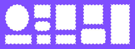 White postage stamps set. Post stamp frames and borders. Rectangle, square, ellipse template for mail, postcard, letter, note. Jagged wavy edge forms. Vector zig zag objects for badge, sticker, photoのイラスト素材
