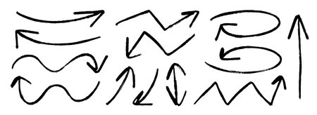 Hand drawn arrow marker collection. Black curve, zig zag and straight doodle arrows set. Vector pastel pencil, chalk or crayon brush stroke elements. Grunge charcoal sketch pointers or direction linesのイラスト素材