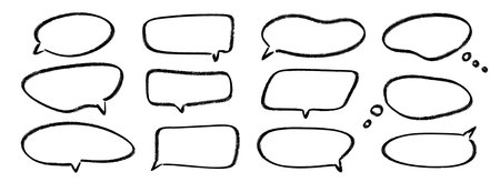 Hand drawn speech bubbles collection. Doodled crayon dialog box set. Sketched textured comic talk frames. Round, square or ellipse balloon text box bundle. Vector chalk pencil chat or think cloud packのイラスト素材