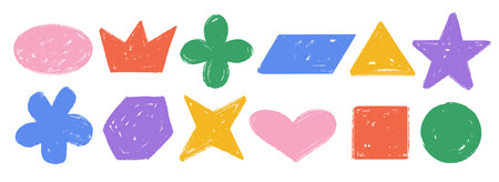 Colorful hand drawn crayon shape set. Bright charcoal doodle collection. Pastel pencil texture form pack for sticker, patch, badge, label. Childish sketch star, flower, hexagon, heart elements. Vectorのイラスト素材