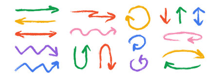 Colorful hand drawn crayon arrow collection. Curved, zig zag and straight doodle arrows set. Charcoal sketch pointers and direction lines. Vector pastel pencil, chalk or marker brush stroke elementsのイラスト素材