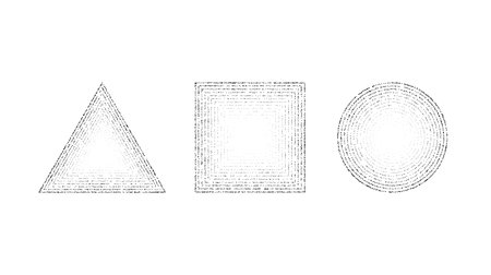 Dotted grainy shapes set. Stippled square, circle and triangle with gradient. Grain noise geometric forms. Vector stochastic dot work collection.のイラスト素材