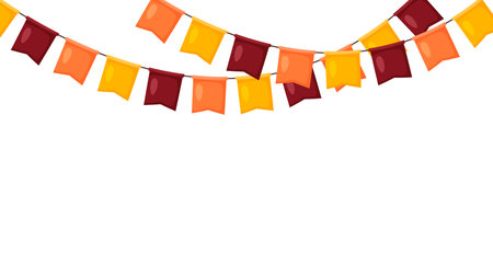 Thanksgiving bunting. Orange, red and yellow flag garland. Autumn holidays party decoration. Fall pennants chain. Celebration cartoon flags for decor. Vector footer and banner backgroundのイラスト素材