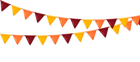Thanksgiving bunting. Orange, red and yellow flag garland. Autumn holidays party decoration. Fall pennants chain. Celebration cartoon flags for decor. Vector footer and banner backgroundのイラスト素材