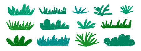 Hand drawn bushes and grass set. Green crayon shrubbery collection. Doodled shrub and tree bundle. Pencil sketched foliage elements. Scribbled cartoon green plants pack. Vector illustrationのイラスト素材