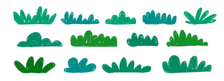 Hand drawn bushes and grass collection. Green crayon shrubbery set. Doodled shrub shapes bundle. Pencil sketched foliage elements. Scribbled cartoon greenery plant pack. Vector illustrationのイラスト素材