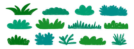 Hand drawn crayon bushes collection. Green grass and shrubbery set. Doodled shrub shapes bundle. Pencil sketched foliage elements. Scribbled cartoon greenery plant pack. Vector illustration doodlesのイラスト素材