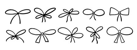 Crayon hand drawn bow collection. Black doodled ribbon bows set. Textured scribbled brush stroke elements pack for gift, present, package decoration. Sketched chalk pastel tied knots bundle. Vectorのイラスト素材