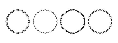 Circle hand drawn wavy frame set. Different black ribbon border collection. Vector doodled lace cadre frames. Curved squiggly border pack for invitation, wedding party, birthday, greeting card designのイラスト素材