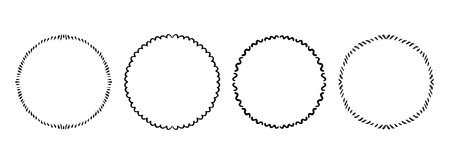 Circle hand drawn scalloped frame set. Round black ribbon border collection. Vector doodled lace cadre frames. Radial squiggly border pack for invitation, wedding party, birthday, greeting cardのイラスト素材