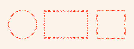 Red hand drawn scalloped frame set. Wavy edge border collection. Circle, rectangle and square doodled scallop box bundle for invitation template, poster, banner. Squiggle edges sketch cadre. Vectorのイラスト素材