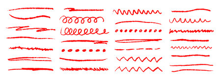 Red grunge brush stoke set. Hand drawn crayon underline, zigzag, dash line collection. Wet or dry pastel pencil doodle scribble bundle. Vector rough chalk charcoal sketch scrawls, waves and zig zagのイラスト素材