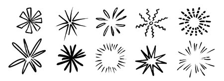 Hand drawn explosion set. Crayon doodled firework element collection. Black pastel sketches of firecracker, sunburst, spark burst, star lights, sparkles. Vector charcoal drawn rays and beams shapesのイラスト素材