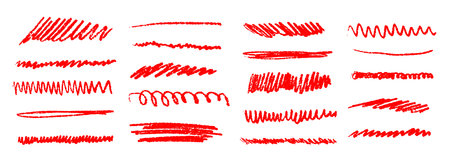 Red grunge brush stoke line set. Hand drawn crayon underline and emphasis collection. Wet or dry pastel pencil doodles and scribbles bundle. Vector rough chalk charcoal sketch zig zag and squigglesのイラスト素材