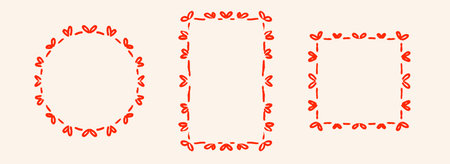 Red hand drawn bow frame set. Heart shape ribbon border collection. Circle, rectangle and square doodled box bundle for invitation template, poster, banner. Coquette sketch cadre pack. Vectorのイラスト素材