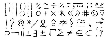 Hand drawn punctuation marks and math signs set. Black rough charcoal brackets question mark, exclamation point and quotation symbols. Various mathematical symbols bundle. Vector sketched packのイラスト素材