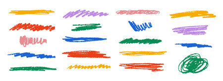 Bright colorful childish scribble set. Colored crayon doodle lines and stripes collection. Hand drawn rough charcoal brushstroke elements. Pastel pencil curly, wavy, squiggly strokes bundle. Vectorのイラスト素材