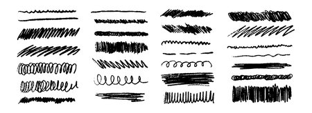 Black grunge brush stoke set. Hand drawn crayon wavy, squiggle, zig zag line collection. Wet or dry pastel pencil doodle scribble bundle. Vector rough chalk charcoal sketch scrawls, waves and zigzagのイラスト素材