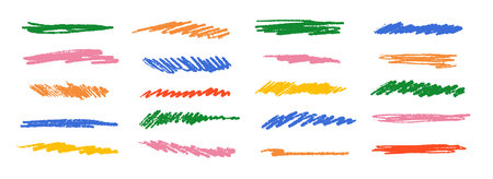 Bright colorful childish scribbles set. Colored crayon doodle lines and stripes collection. Hand drawn rough charcoal brushstrokes elements. Pastel pencil curly, wavy, squiggly strokes bundle. Vectorのイラスト素材