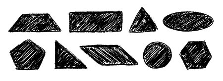 Black scribbled shape set. Hand drawn charcoal geometric doodle collection. Crayon textured form pack for sticker, patch, badge. Vector childish sketched ellipse, rectangle, triangle, circle elementsのイラスト素材