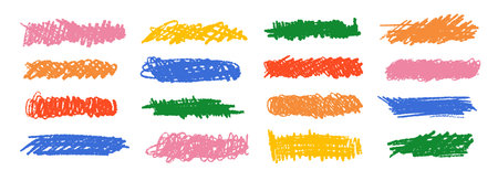 Bright colorful childish scribble set. Colored crayon doodle line and stripe collection. Hand drawn rough charcoal brushstroke element pack. Pastel pencil curly, wavy, squiggly stroke bundle. Vectorのイラスト素材