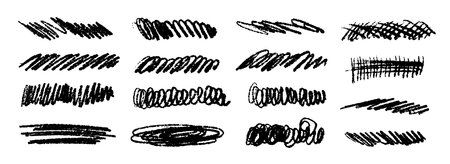 Black grunge brush stoke scribble set. Hand drawn crayon squiggle line collection. Wet or dry pastel pencil doodle bundle. Vector rough chalk charcoal sketched scrawls pack. Ink or graphite elementsのイラスト素材