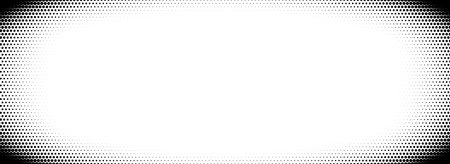 Black halftone vignette effect background. Round fading dotted gradient wallpaper. Pop art comic radial frame backdrop for photo template, poster template, banner. Vector vanishing border cadreのイラスト素材