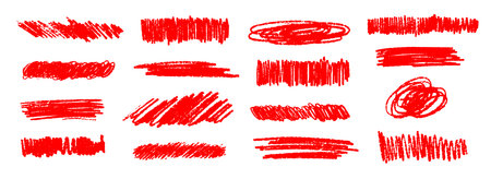 Red grunge brush stoke shape set. Hand drawn crayon underline and emphasis collection. Wet or dry pastel pencil doodles and scribbles bundle. Vector rough chalk charcoal sketched scrawls and squigglesのイラスト素材
