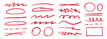 Red hand drawn shapes and lines set. Sketched geometric frames and stripes collection. Zig zag and wavy scribble pack. Marker note signs for mark, emphasis, accent, highlight. Vector doodled bordersのイラスト素材