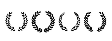 Black retro laurel wreath collection. Circle winner trophy decor elements for award banner, emblem, label, badge. Round branches with leaves set. Vintage Greek olive foliate ornament pack. Vectorのイラスト素材