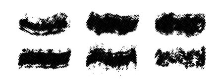 Halftone grunge brush stroke collection. Rough dotted grainy dirty stripe set. Vector pop art paint stain pack. Gritty distressed elements for text box, banner, poster, badge, collage, frame, borderのイラスト素材