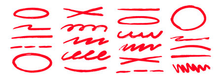 Red hand drawn doodle shapes and lines set. Sketched geometric frames and stripes collection. Zig zag and wavy scribble border pack. Red marker note signs for mark, emphasis, accent, highlight. Vectorのイラスト素材