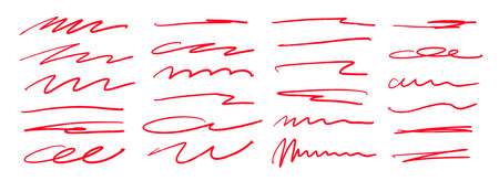 Red hand drawn brush strokes set. Sketched doodle scrawl lines collection. Zig zag, wavy squiggle scribble stripes pack. Red marker note signs for mark, emphasis, accent, highlight. Vectorのイラスト素材