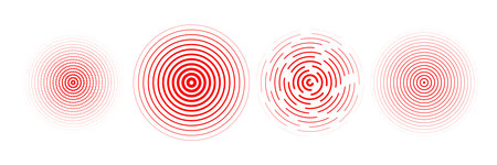 Red radial concentric circle set. Rippled, dashed and dotted rings for epicenter, target, radar, earthquake shockwave symbols. Sound wave signal collection. Vector expansive vibration elementsのイラスト素材