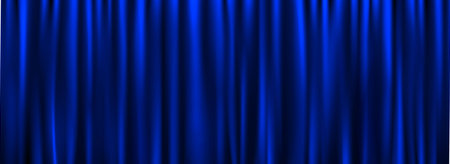Royal blue velvet curtain background. Closed curtains backdrop for theater stage or cinema, circus. Fabric drapery wallpaper for award, show, performance. Vector navy textile room scene banner conceptのイラスト素材