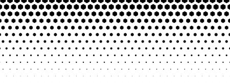 Black hexagon gradient texture. Fading honeycomb pattern background. Geometric hexagonal halftone tech overlay backdrop. Abstract grunge halfton wallpaper. Vector retro technology dot texureのイラスト素材